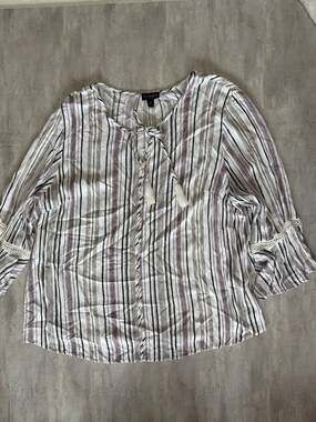I.N. Studio Woman 3X Striped Boho Blouse Tassel Tie Neck Bell Sleeve Top